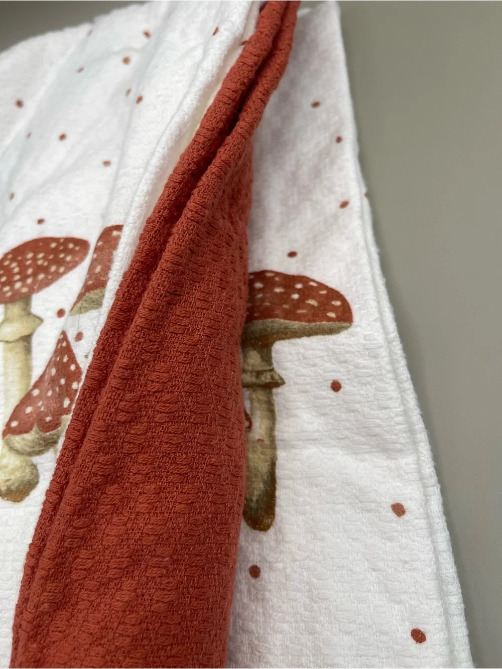 Mushroom Print Kitchen Towel - White with Rust Dots